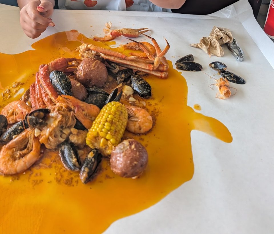 Casual dining room with seafood boil trays